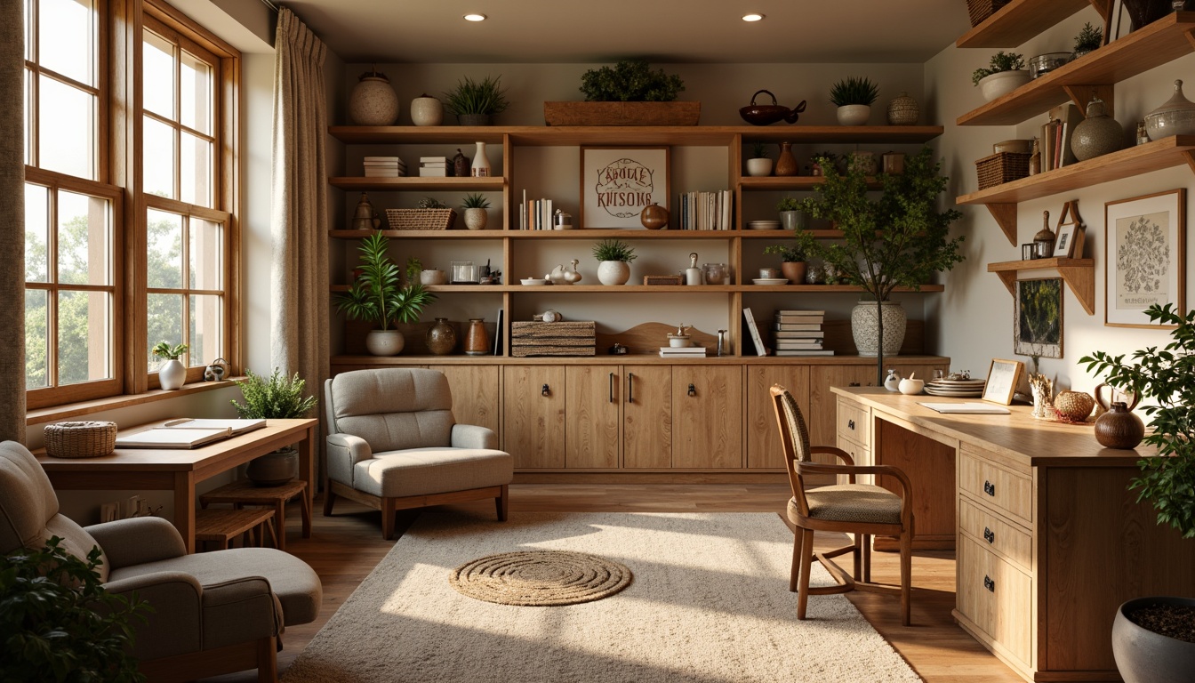 Prompt: Cozy craft room, warm beige walls, natural wood accents, plush area rug, comfortable seating, ample work surfaces, built-in shelving units, decorative storage bins, vintage-inspired decorative items, soft warm lighting, shallow depth of field, 3/4 composition, realistic textures, ambient occlusion.