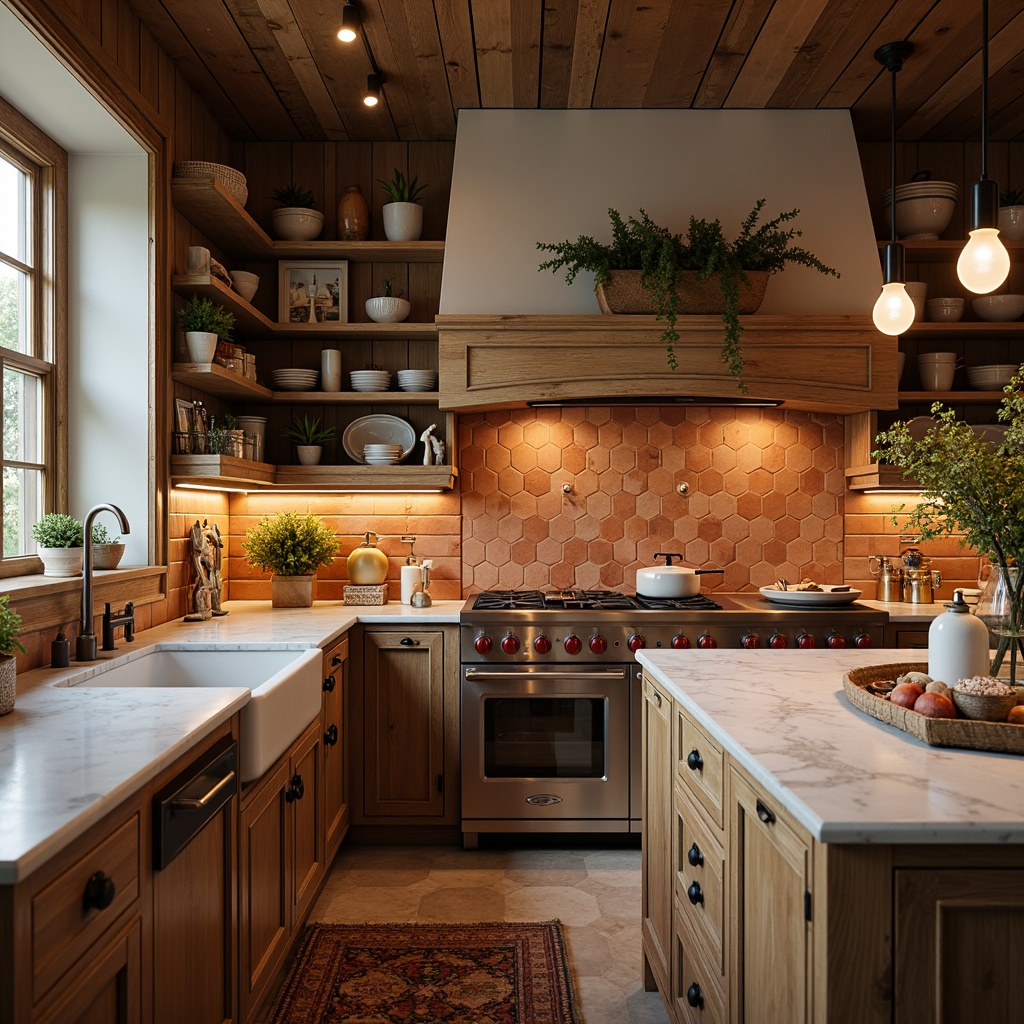 Prompt: Rustic kitchen, natural materials, wooden cabinetry, earthy tones, terracotta backsplashes, subway tiles, hexagonal patterns, white marble countertops, farmhouse sinks, pendant lighting, warm ambient glow, cozy atmosphere, traditional design, ornate details, vintage hardware, soft focus, shallow depth of field, 1/2 composition, realistic textures, subtle reflections.