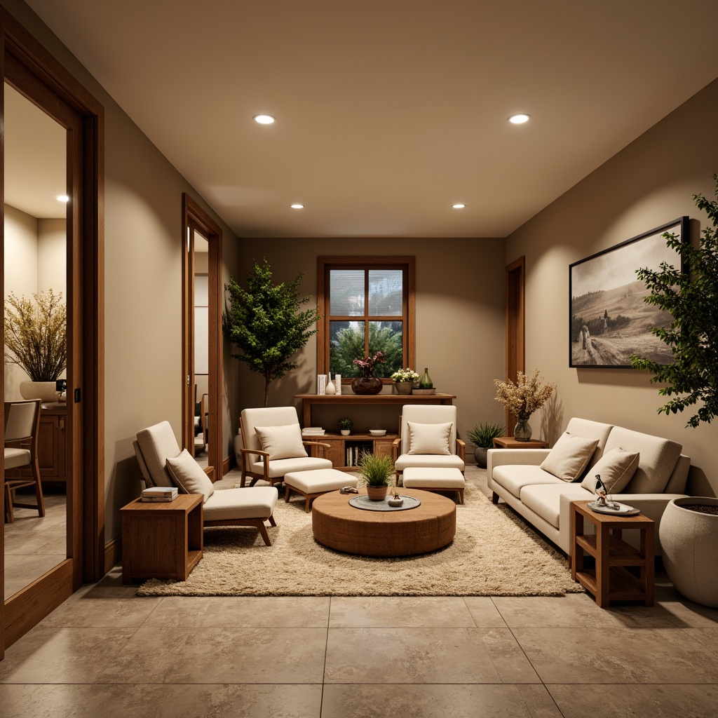 Prompt: Cozy basement, warm beige walls, soft cream accents, rich wood tones, earthy brown furniture, plush area rugs, calming greenery, natural stone floors, warm recessed lighting, inviting atmosphere, 1/2 composition, shallow depth of field, realistic textures, ambient occlusion.