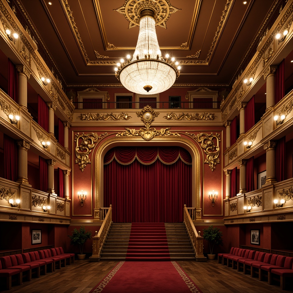 Prompt: Luxurious opera house, grandiose chandeliers, velvet curtains, ornate gold details, rich wood paneling, majestic staircase, crimson red carpets, opulent balconies, Baroque-inspired architecture, soft warm lighting, dramatic spotlights, velvety dark shadows, 1/2 composition, atmospheric perspective, highly detailed textures, subtle ambient occlusion.