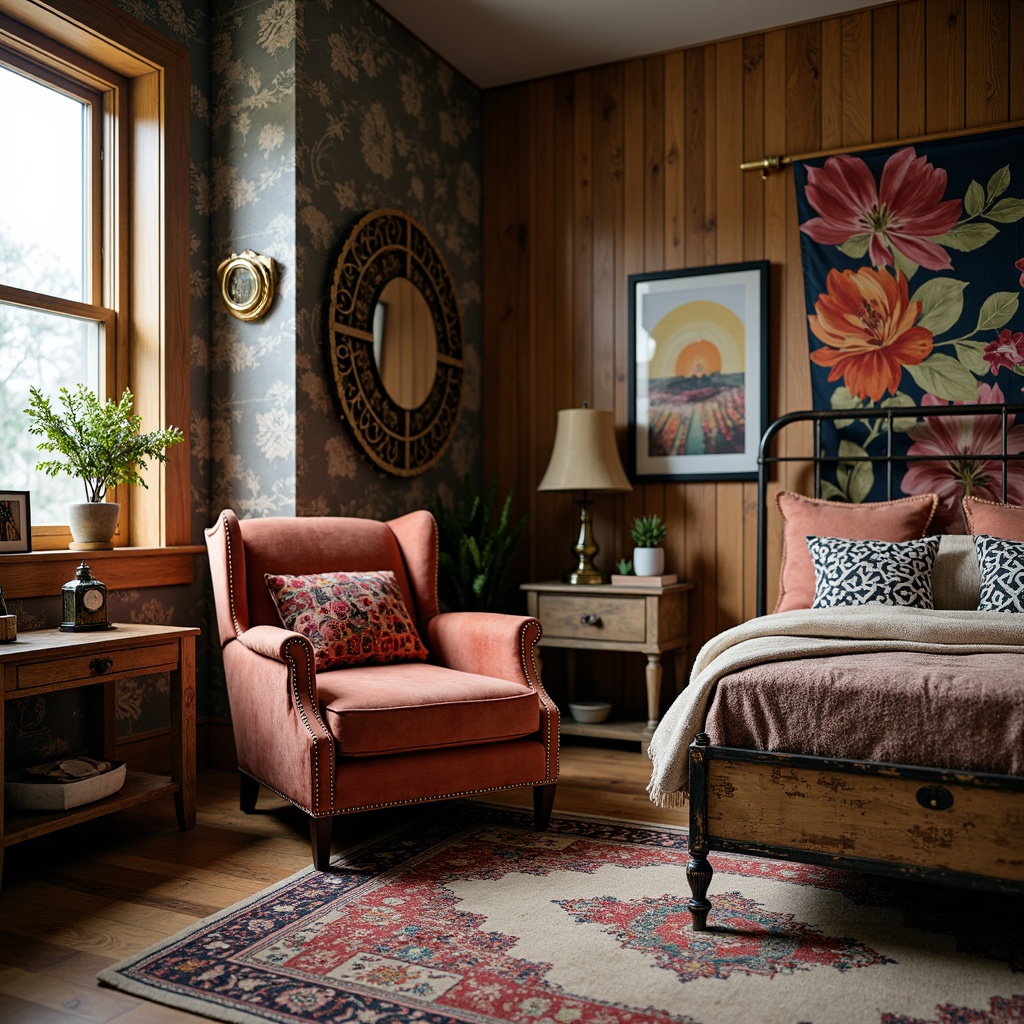 Prompt: Vintage velvet armchair, distressed wood coffee table, eclectic artwork collection, plush area rug, mixed pattern throw pillows, antique metal lamp, ornate gold mirror, industrial metal bed frame, bohemian-inspired tapestry, bold colorful wall art, reclaimed wood accent wall, cozy reading nook, warm soft lighting, shallow depth of field, 1/2 composition, realistic textures, ambient occlusion.