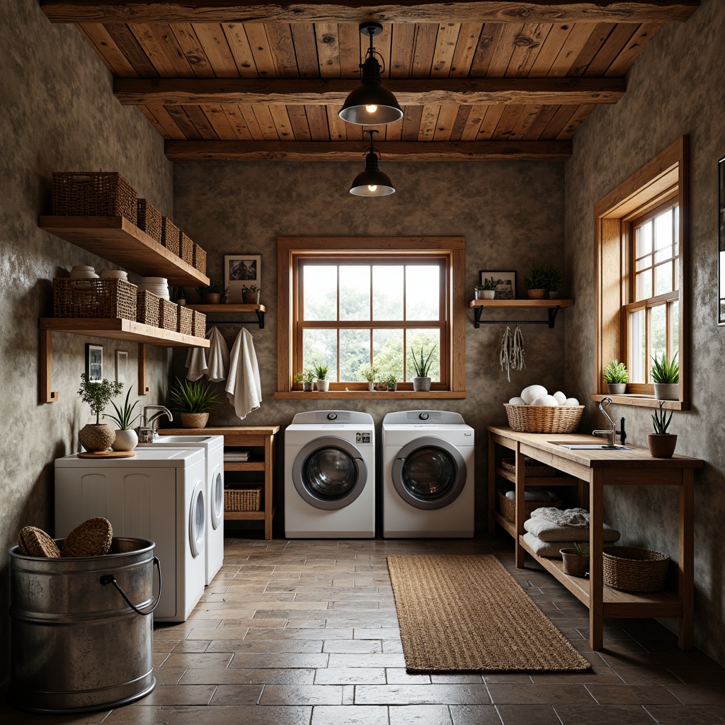 Prompt: Rustic laundry room, distressed wood accents, vintage metal decor, industrial-style lighting fixtures, earthy color palette, natural stone flooring, woven baskets, antique washing machines, wooden drying racks, galvanized metal tubs, soft warm lighting, shallow depth of field, 3/4 composition, realistic textures, ambient occlusion.