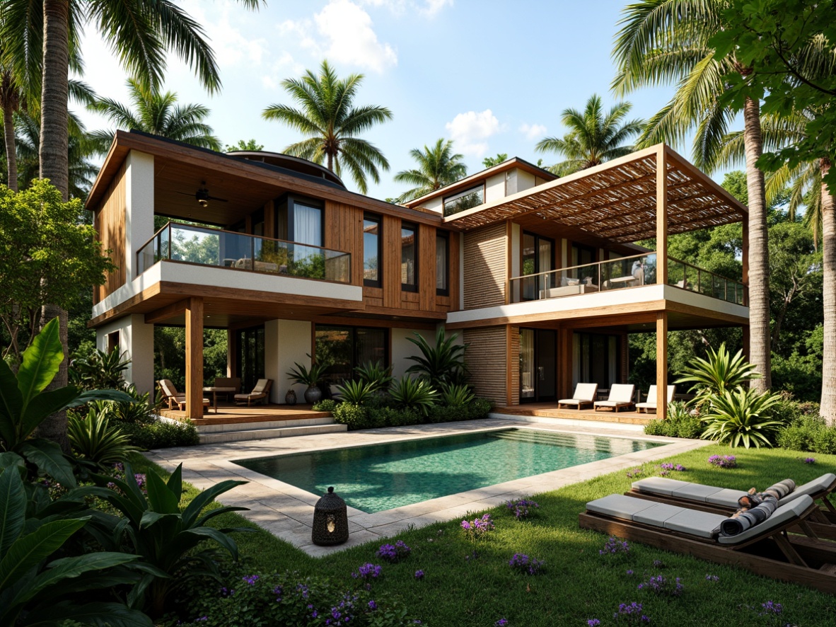 Prompt: Tropical modern villa, lush greenery, exotic plants, natural wood accents, bamboo structures, recycled metal roofing, low-carbon footprint, energy-efficient systems, solar panels, wind turbines, rainwater harvesting systems, permeable paving, organic gardens, vibrant colorful textiles, intricate geometric motifs, warm soft lighting, shallow depth of field, 3/4 composition, panoramic view, realistic textures, ambient occlusion.