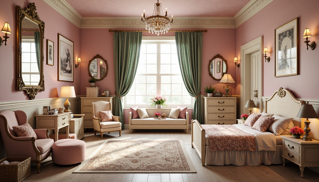 Prompt: Whimsical kid's room, Rococo style furniture, ornate carvings, soft pastel colors, luxurious fabrics, velvet drapes, golden accents, delicate patterns, antique pieces, distressed finishes, plush area rugs, crystal chandeliers, elegant mirrors, refined wood tones, opulent bedding, playful toy displays, vintage-inspired decor, warm cozy lighting, shallow depth of field, 1/1 composition, romantic atmosphere.