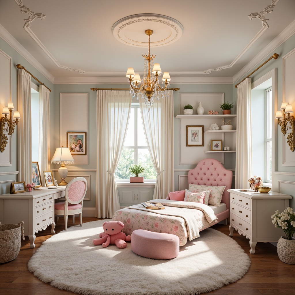 Prompt: Whimsical kids' room, Rococo style furniture, ornate carvings, soft pastel colors, fluffy area rugs, delicate chandeliers, crystal droplets, warm golden lighting, table lamps with frilly shades, floor lamps with sculpted bases, indirect softbox lighting, creamy whites, pale pinks, baby blues, gentle glow, cozy atmosphere, playful toy displays, stuffed animal friends, colorful wall art, framed mirrors, intricate moldings, lush fabrics, tufted upholstery.