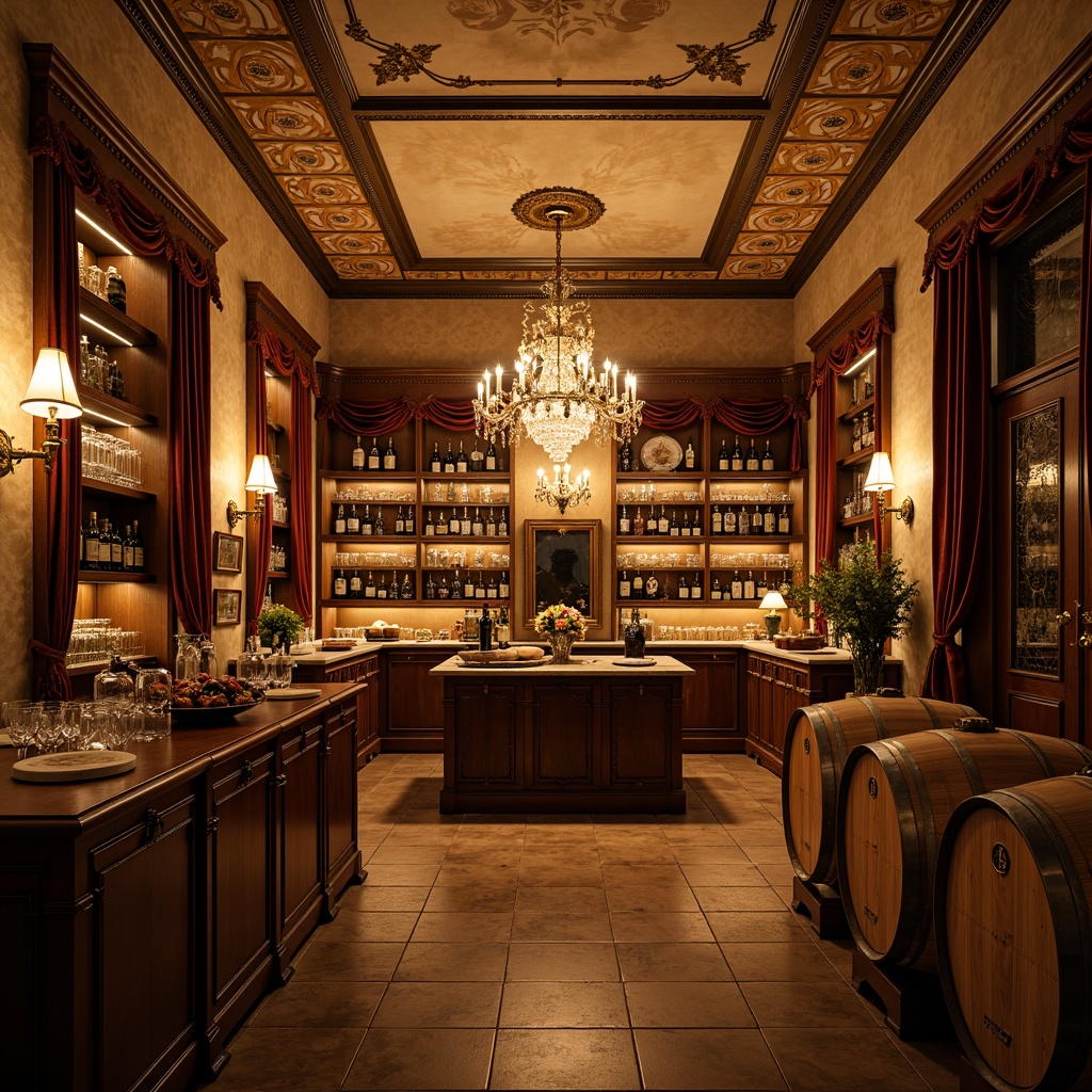 Prompt: Richly ornamented wine cellar, vintage wooden racks, dimly lit ambiance, warm golden lighting, crystal chandeliers, ornate metalwork, rustic stone walls, luxurious velvet drapes, intricately carved wooden doors, richly polished wood floors, ambient candlelight, dramatic spotlights, warm beige tones, opulent furnishings, classic Victorian-era decor, exquisite glassware displays, elegant wine barrels, lavish fresco ceilings, subtle fog effects, mysterious shadows, romantic ambiance, 1/1 composition, soft focus, warm color palette.