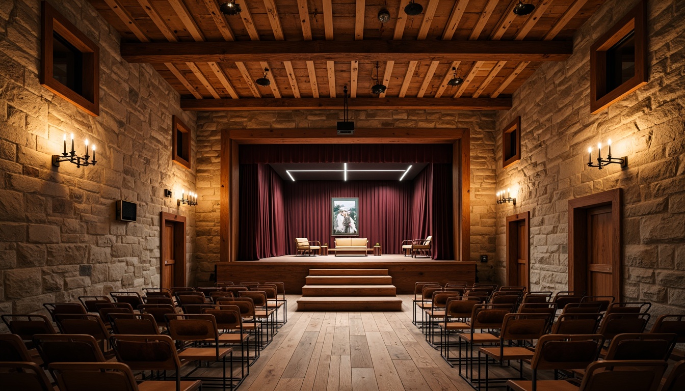 Prompt: Rustic performing arts center, wooden beam ceiling, natural stone walls, earthy color palette, reclaimed wood benches, vintage metal chairs, distressed leather cushions, warm candlelight, dimmed chandeliers, wooden floorboards, raised platform stage, velvet curtains, rustic wooden doors, aged brick accents, cozy atmosphere, intimate setting, soft focus lighting, shallow depth of field, 2/3 composition, cinematic view, realistic textures, ambient occlusion.