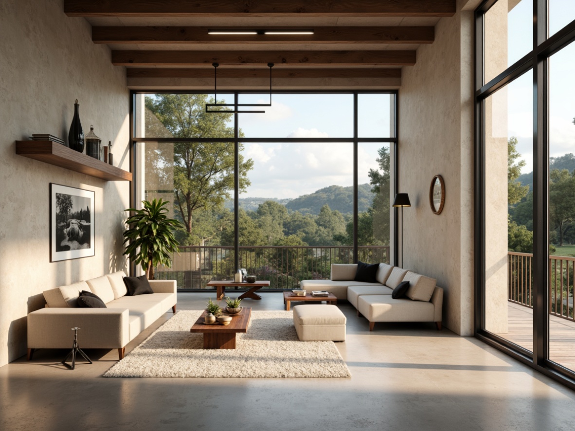 Prompt: Minimalist living room, sleek lines, monochromatic color scheme, floor-to-ceiling windows, natural light pouring in, warm beige walls, polished concrete floors, industrial chic decor, metallic accents, pendant lighting fixtures, linear suspension lights, matte black finishes, soft ambient glow, 1/1 composition, shallow depth of field, realistic textures.