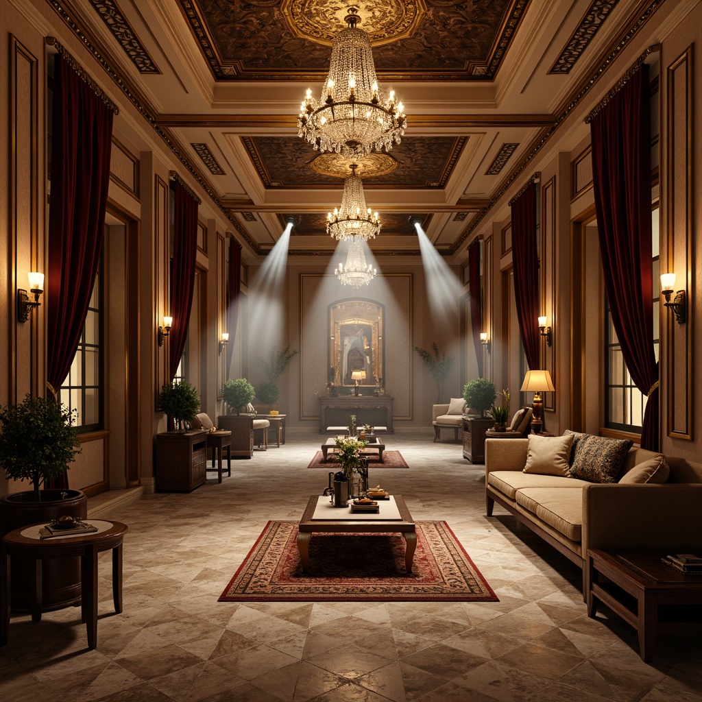 Prompt: Opulent basement, luxurious atmosphere, metallic accents, ornate fixtures, crystal chandeliers, geometric patterns, marble floors, velvet drapes, rich wood paneling, antique furniture, vintage decorative items, warm golden lighting, soft shadows, dramatic spotlights, atmospheric fog effects, 1920s-inspired design, symmetrical composition, detailed textures, high-contrast rendering.