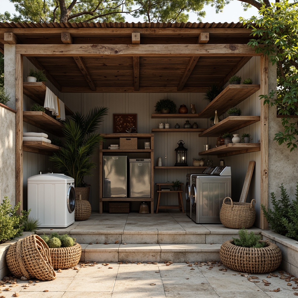 Prompt: Rustic laundry shed, wooden clapboard siding, corrugated metal roofs, vintage washing machines, hanging clotheslines, woven wicker baskets, distressed wood accents, earthy color palette, natural stone foundations, weathered brick walls, ornate metal lanterns, soft warm lighting, shallow depth of field, 1/2 composition, realistic textures, ambient occlusion.