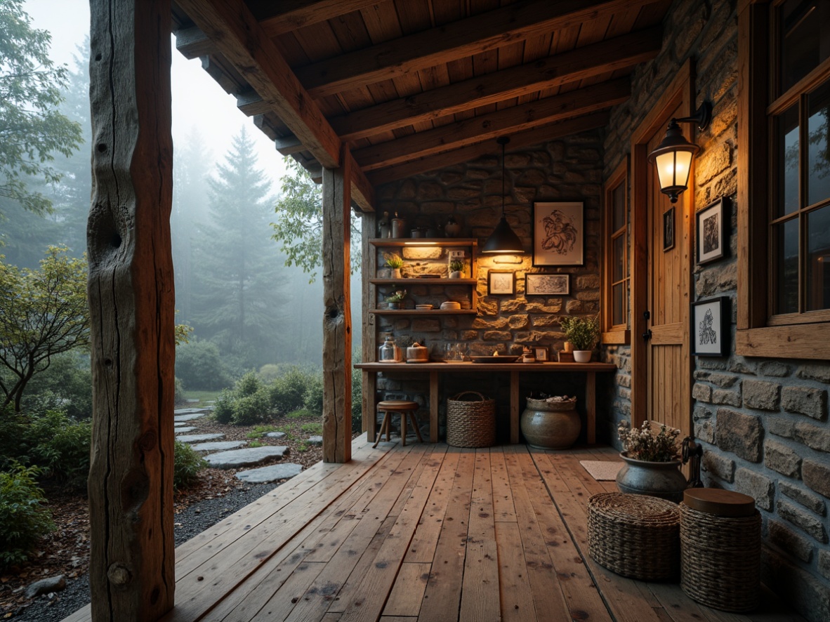 Prompt: Rustic cabin, wooden planks, distressed finishes, earthy tones, natural stone walls, rugged metal accents, vintage decorations, lantern-style lighting, warm cozy atmosphere, misty forest surroundings, overcast sky, soft diffused light, 1/2 composition, realistic textures, ambient occlusion.