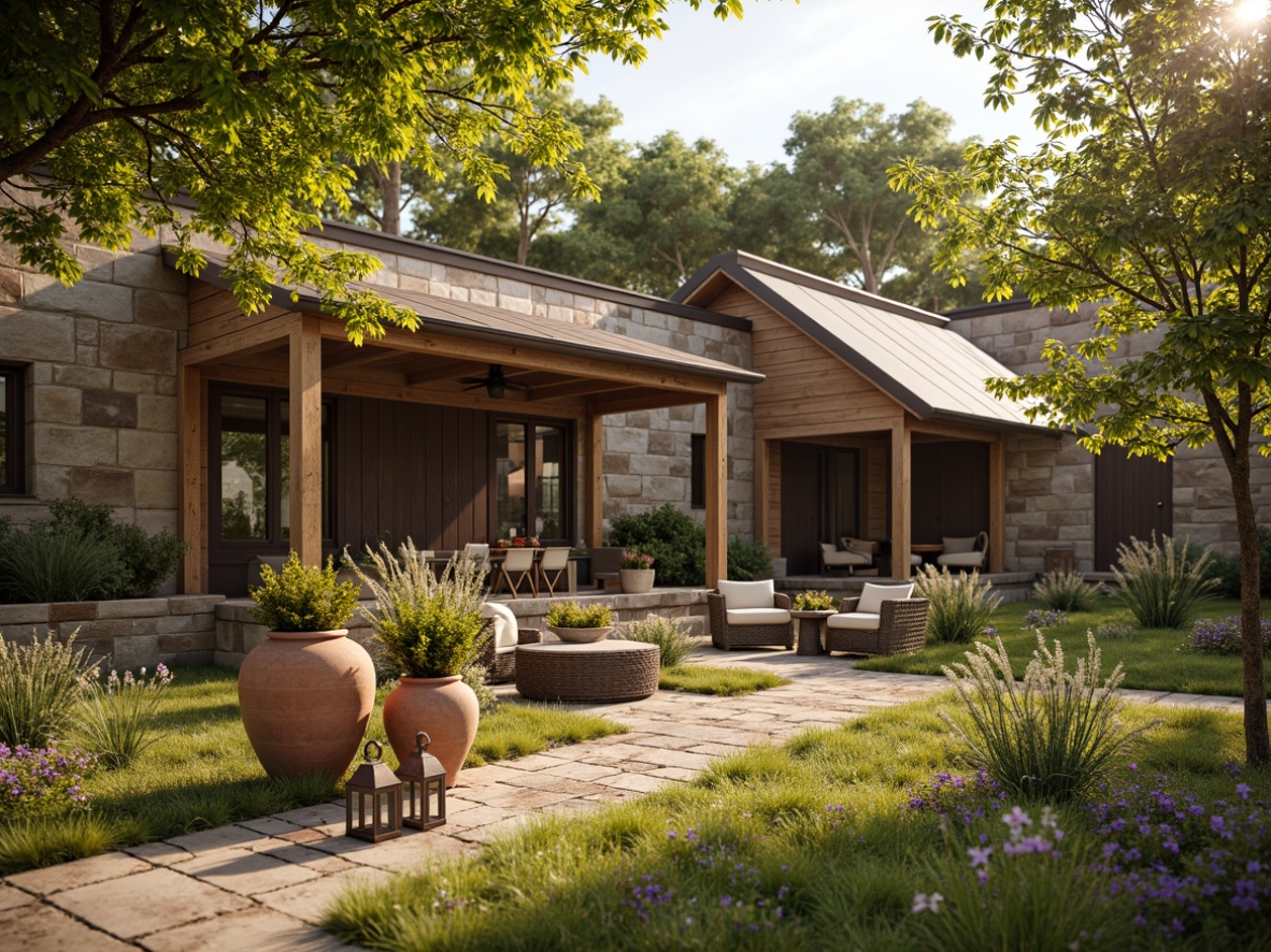 Prompt: Rustic farmhouse, natural stone walls, wooden accents, vintage metal roofs, lush greenery, wildflowers, sunny afternoon, warm golden lighting, soft focus, shallow depth of field, 1/1 composition, earthy tones, terracotta pots, distressed wood, woven textiles, floral patterns, country-inspired decor, rustic metal lanterns, nature-inspired color palette.