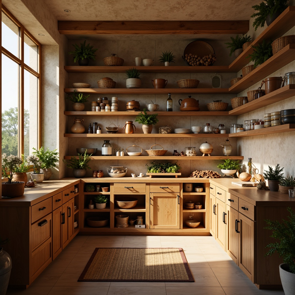 Prompt: Warm pantry interior, soft natural light, warm beige walls, wooden shelves, rustic cabinets, earthy tone countertops, copper accents, matte black hardware, vintage kitchenware, woven baskets, potted greenery, aromatic spices, fresh herbs, warm golden lighting, shallow depth of field, 1/1 composition, realistic textures, ambient occlusion.