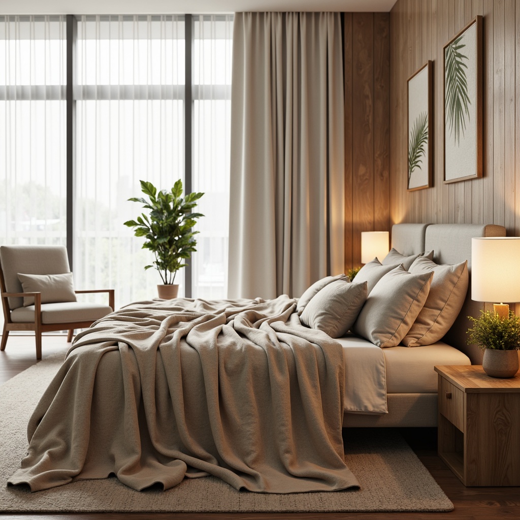 Prompt: Plush throw blankets, soft velvet pillows, rich linen fabrics, warm beige tones, natural wood accents, modern minimalist furniture, floor-to-ceiling windows, sheer white curtains, dimmable table lamps, softbox lighting, 1/1 composition, intimate close-ups, realistic fabric textures, ambient occlusion.