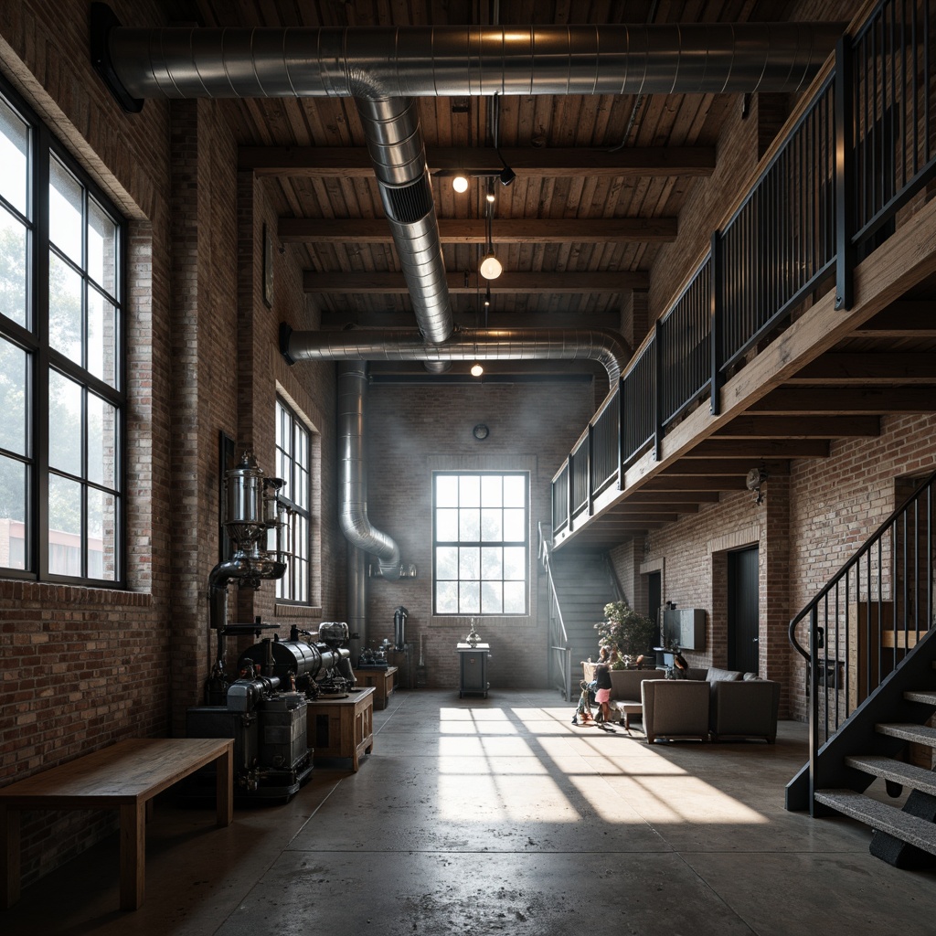 Prompt: Industrial warehouse, metal accents, exposed ductwork, polished concrete floors, reclaimed wood beams, industrial lighting fixtures, metal staircase, urban loft atmosphere, neutral color palette, distressed textures, vintage machinery, metallic sheen, high-contrast shadows, dramatic spotlighting, low-angle composition, cinematic mood, realistic renderings, atmospheric fog.