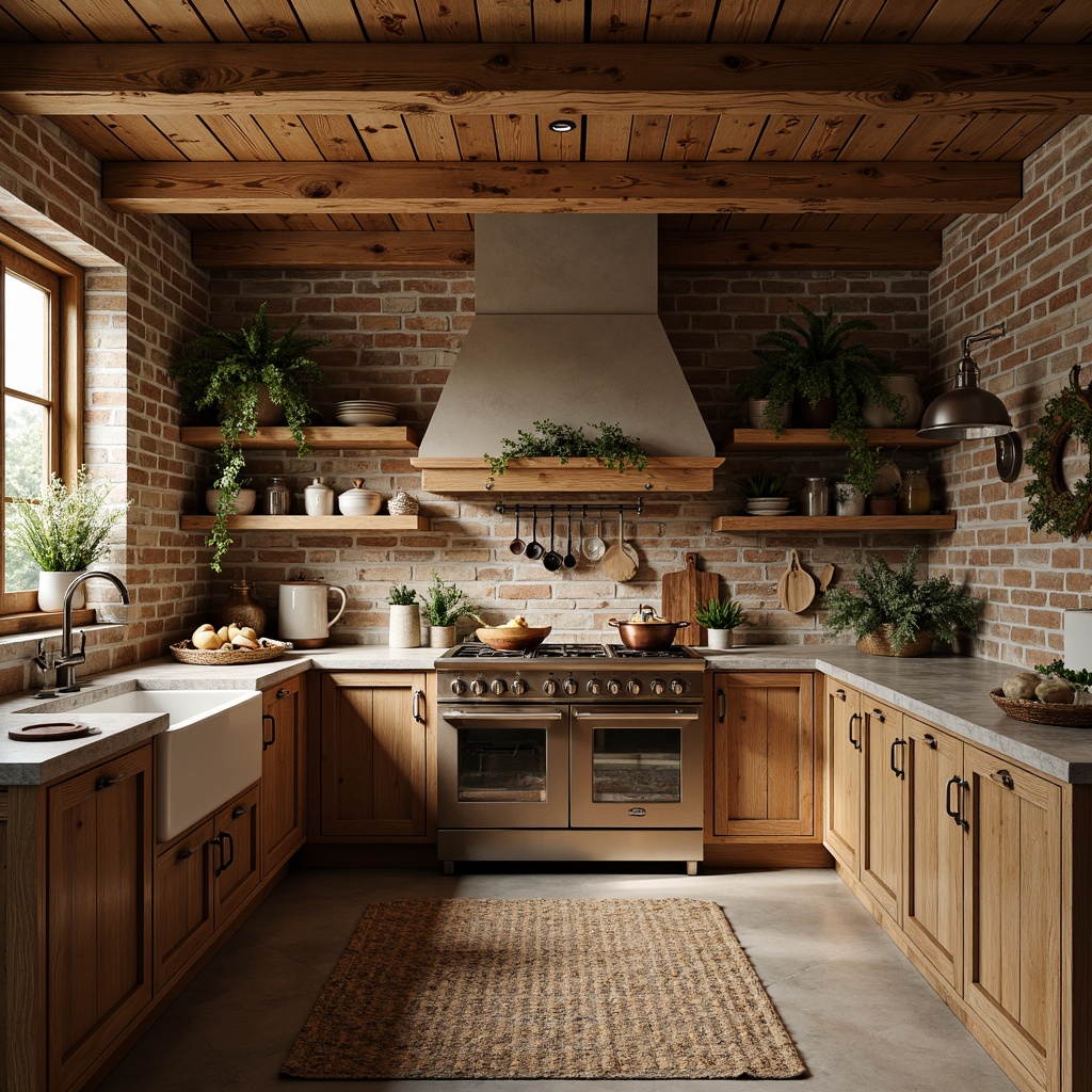 Prompt: Rustic kitchen, warm wooden tones, cabin-style cabinetry, earthy stone countertops, vintage metal hardware, distressed wood finishes, soft warm lighting, shallow depth of field, 3/4 composition, natural textures, ambient occlusion, farmhouse sink, copper accents, woven textiles, botanical patterns, lush greenery, natural materials, cozy atmosphere, inviting seating area, wooden beams, exposed brick walls, classic kitchen utensils.