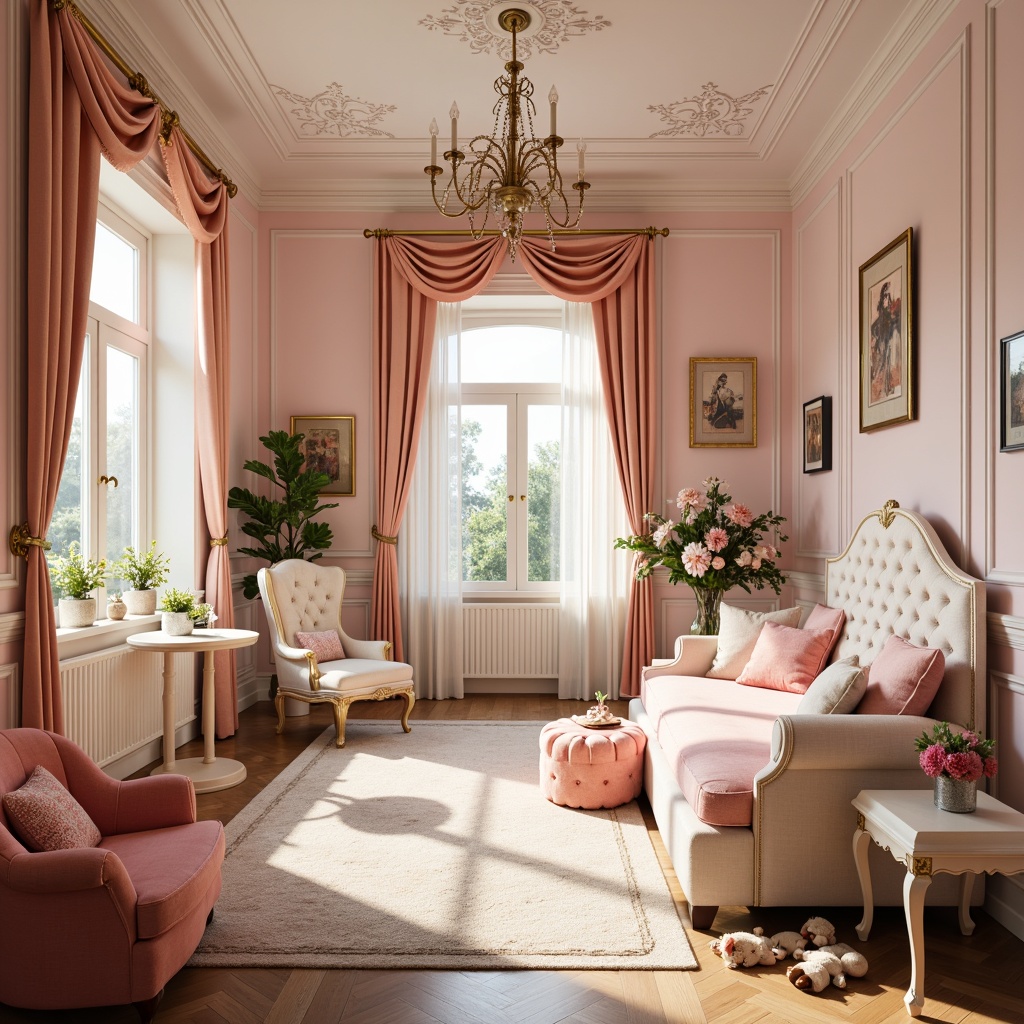 Prompt: Whimsical kids' room, ornate Rococo style, soft pastel hues, pale pink walls, creamy white furniture, gold accents, intricate carvings, flowing drapery, tufted upholstery, delicate florals, playful polka dots, gentle lighting, warm beige floors, plush area rugs, elegant chandeliers, French-inspired motifs, ornate mirrors, luxurious fabrics, vibrant coral accents, sunny afternoon, shallow depth of field, 1/2 composition, realistic textures.