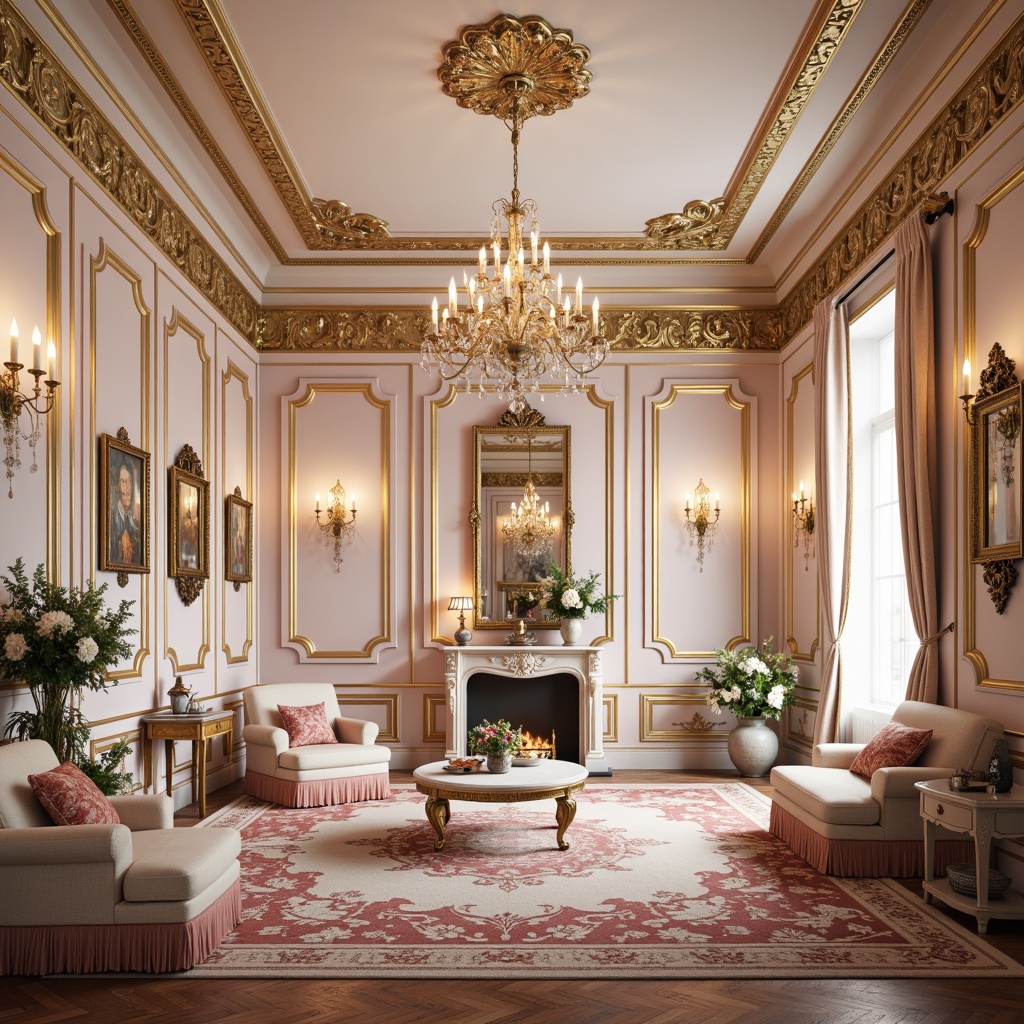 Prompt: Luxurious interior, ornate gold accents, soft pastel hues, pale pink walls, creamy whites, rich velvety fabrics, intricate carvings, delicate florals, ornamental mirrors, crystal chandeliers, lavish furnishings, French Rococo style, opulent decor, warm candlelight, shallow depth of field, 1/1 composition, realistic textures, ambient occlusion.