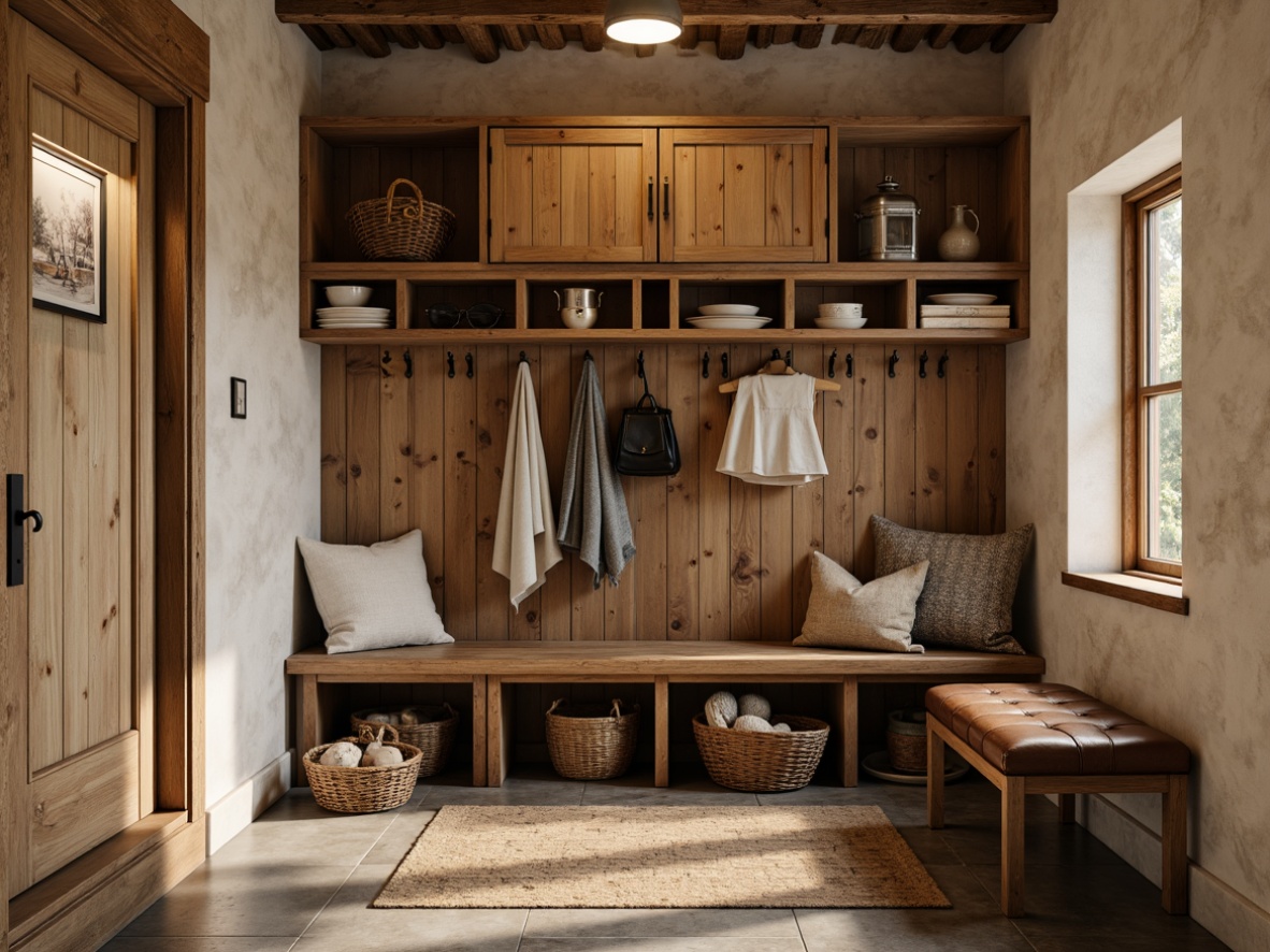 Prompt: Rustic mudroom, earthy tones, warm beige walls, distressed wood accents, natural stone floors, cozy textiles, woven baskets, vintage outdoor gear, rich leather benches, industrial metal hooks, soft warm lighting, 3/4 composition, shallow depth of field, realistic textures, ambient occlusion.