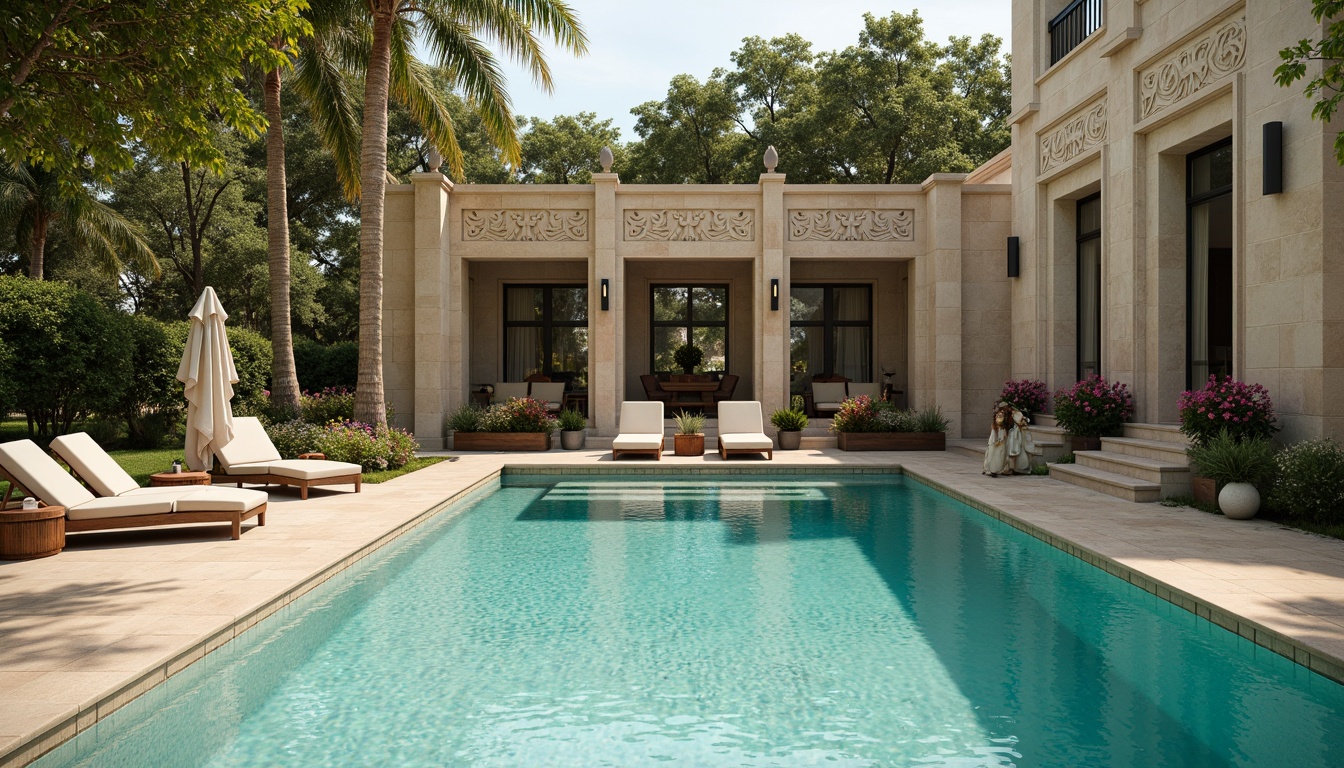 Prompt: Luxurious swimming pool, ornate neoclassical columns, intricately carved stone walls, turquoise water, gentle ripples, sun-kissed deck, comfortable lounge chairs, lush greenery, vibrant flowers, natural stone flooring, rustic wooden accents, soft warm lighting, 1/1 composition, shallow depth of field, realistic textures, ambient occlusion.