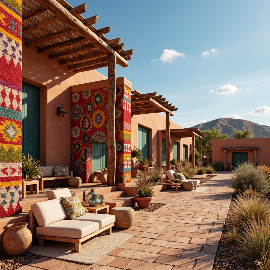 Prompt: Vibrant Southwestern-inspired textiles, bold geometric patterns, earthy color palette, woven fabrics, natural fibers, rustic wooden accents, adobe-style architecture, warm desert landscape, cactus plants, sandy dunes, clear blue sky, hot sunny day, eclectic vintage decor, colorful pottery, handmade crafts, traditional Native American motifs, soft warm lighting, 3/4 composition, shallow depth of field, panoramic view, realistic textures, ambient occlusion.