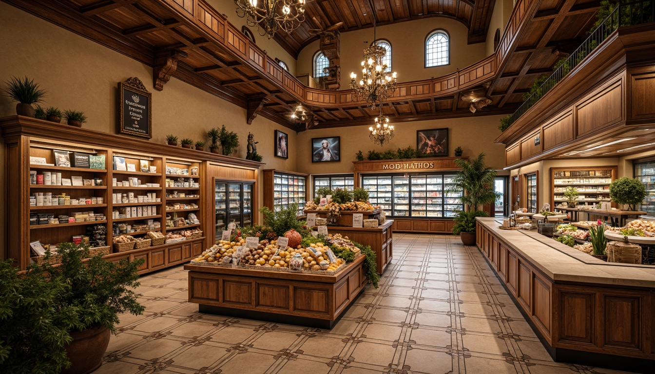 Prompt: Renaissance-inspired grocery store interior, rich wood accents, ornate tile flooring, earthy tones, warm beige walls, grandiose high ceilings, elegant chandeliers, ornamental metalwork, vintage-style signage, rustic wooden shelves, distressed finishes, natural stone countertops, classic European-inspired architecture, soft warm lighting, shallow depth of field, 3/4 composition, realistic textures, ambient occlusion.