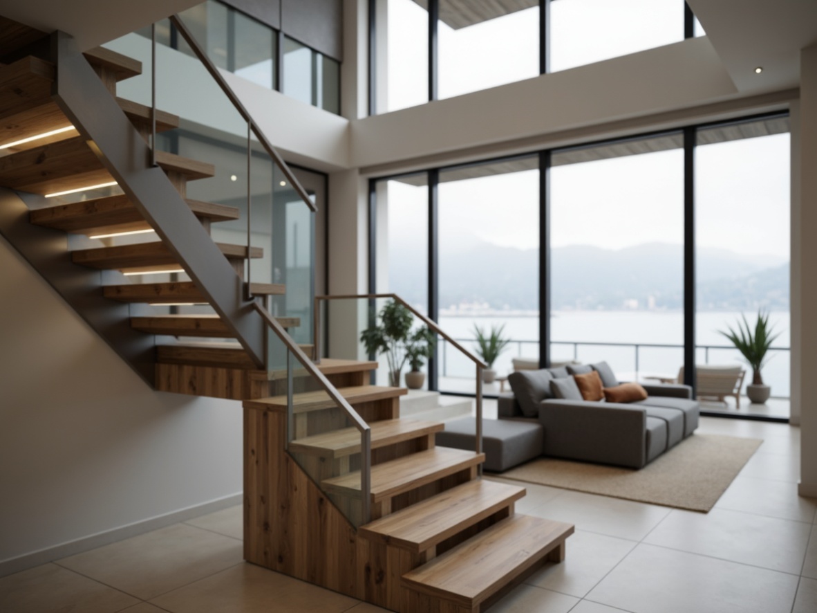 Prompt: Sleek handrails, minimalist design, polished metal surfaces, stainless steel or aluminum materials, modern staircase architecture, open risers, floating treads, glass or wooden balusters, subtle LED lighting, neutral color palette, luxurious ambiance, high-end residential interior, spacious open-plan living area, dramatic floor-to-ceiling windows, natural light flooding, shallow depth of field, 1/2 composition, realistic metallic textures.