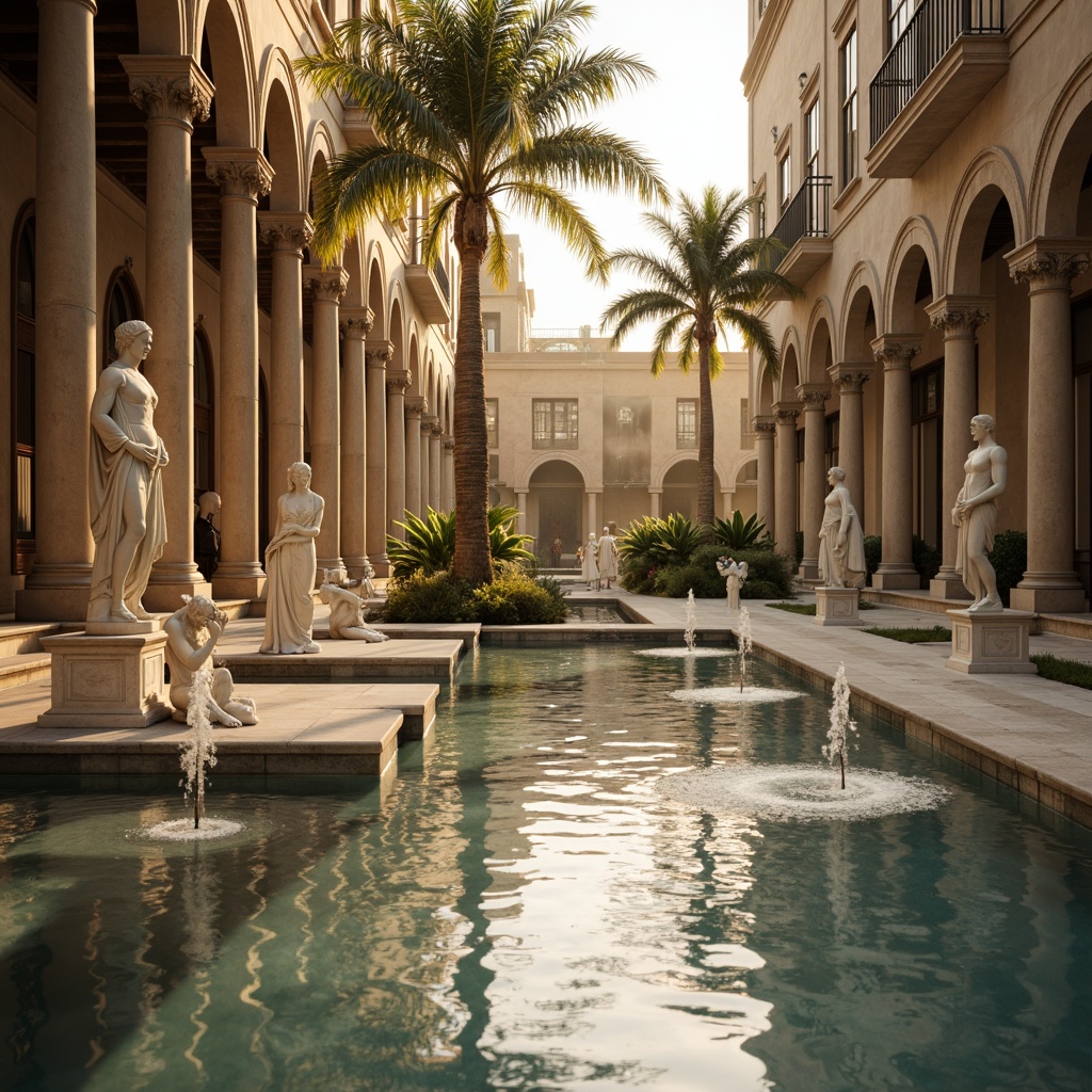 Prompt: Elegant poolside, ornate fountains, majestic columns, intricately carved statues, soft warm lighting, golden hour ambiance, subtle misting effects, tranquil water reflections, serene atmosphere, creamy marble surfaces, symmetrical composition, shallow depth of field, 1/2 camera angle, realistic textures, ambient occlusion, warm color palette, Renaissance-inspired architecture.