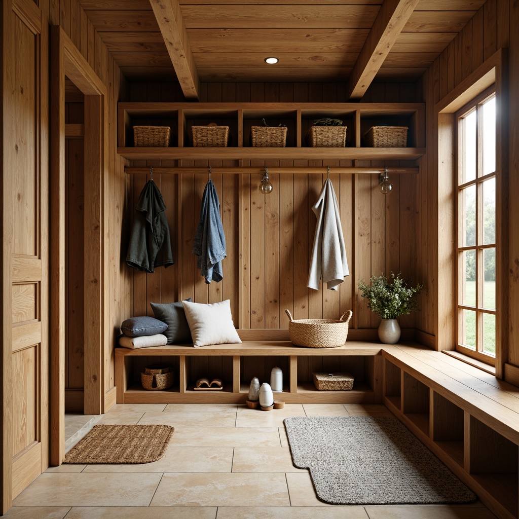 Prompt: Cozy mudroom, rustic wooden accents, earthy tone walls, warm beige flooring, water-resistant tiles, natural stone patterns, slip-resistant surfaces, durable rubber mats, industrial-style metal grids, functional storage benches, woven wicker baskets, vintage outdoor gear displays, soft warm lighting, shallow depth of field, 3/4 composition, realistic textures.