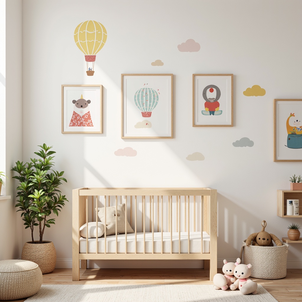 Prompt: Whimsical baby nursery, soft pastel colors, adorable cartoon characters, gentle clouds, hot air balloons, cuddly toys, playful polka dots, colorful alphabet letters, tender florals, creamy whites, warm beige tones, natural wood accents, minimalist design, modern typography, delicate patterns, textured fabrics, cozy reading nook, warm spotlights, shallow depth of field, 1/2 composition, intimate atmosphere, realistic textures.