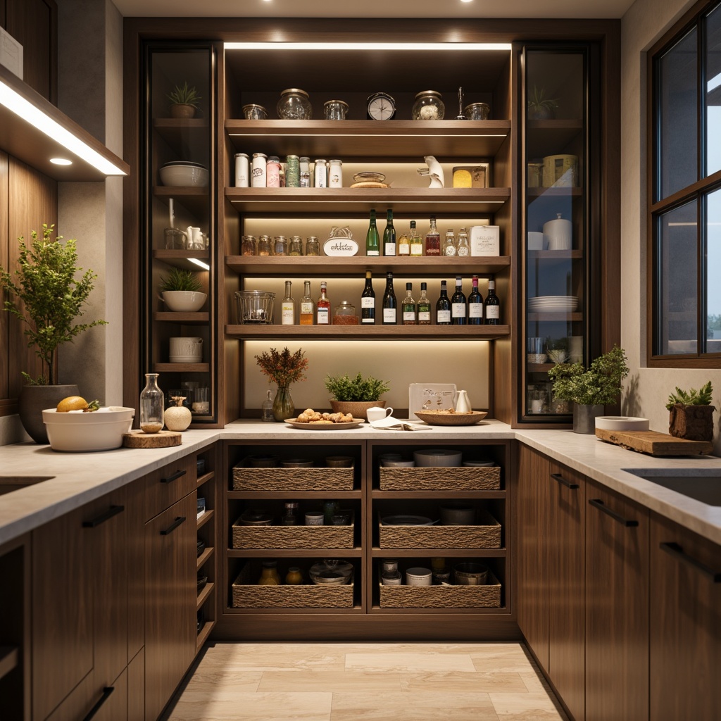 Prompt: Compact pantry, optimized storage, modular shelving, adjustable compartments, retractable baskets, sleek metal frames, glass doors, LED lighting, soft warm ambiance, shallow depth of field, 3/4 composition, realistic textures, ambient occlusion, modern minimalist design, space-saving solutions, pull-out drawers, spice racks, can organizers, utensil holders, corner carousels, floor-to-ceiling storage, natural wood accents, earthy color palette.