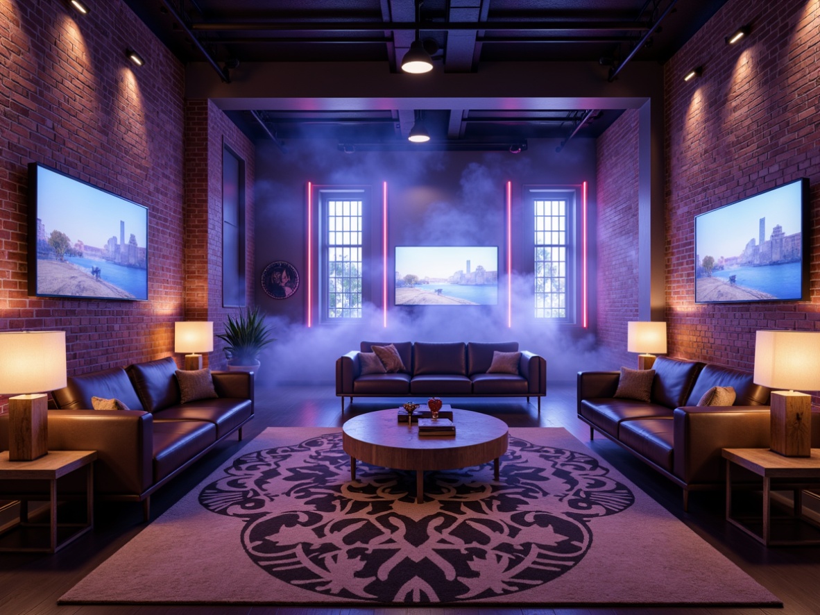 Prompt: Modern game room, sleek streamline furniture, low-profile couches, metallic legs, minimalist coffee tables, geometric-patterned rugs, industrial-style lamps, exposed brick walls, urban-chic decor, neon-colored accents, high-tech gaming stations, curved monitors, futuristic lighting systems, atmospheric smoke effects, cinematic sound systems, 3/4 composition, shallow depth of field, realistic textures, ambient occlusion.