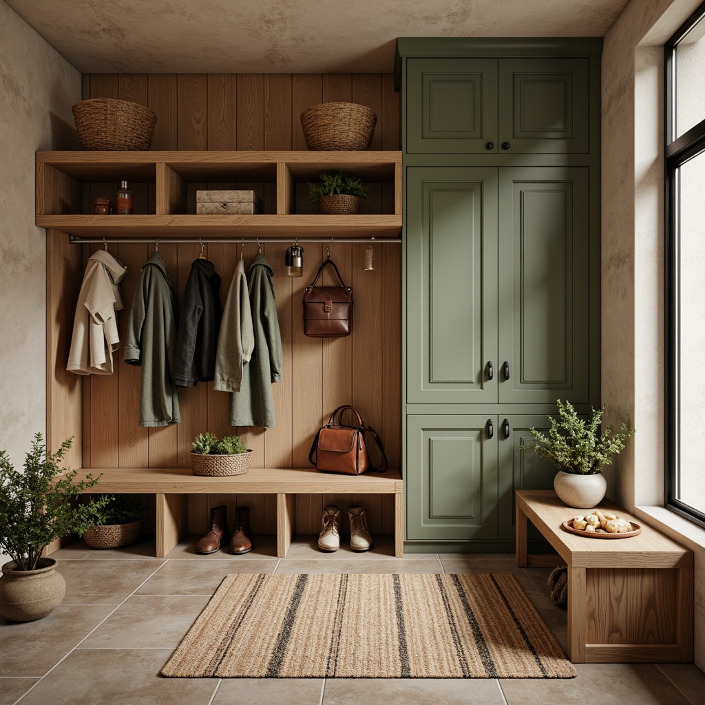 Prompt: Mudroom interior design, earthy tone color palette, warm beige walls, rich brown wooden accents, soft sage green cabinetry, industrial metal shelving, rustic stone flooring, natural textiles, woven baskets, vintage outdoor gear, distressed leather accessories, warm task lighting, shallow depth of field, 1/1 composition, realistic textures, ambient occlusion.