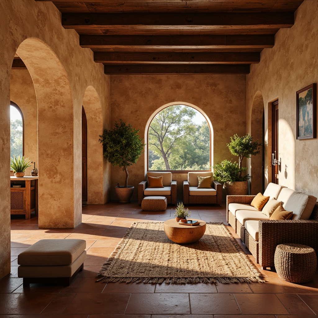 Prompt: Warm Mediterranean villa, rustic stone walls, arched windows, terracotta flooring, handmade ceramics, natural fiber rugs, woven wicker furniture, earthy color palette, soft warm lighting, shallow depth of field, 3/4 composition, panoramic view, realistic textures, ambient occlusion.