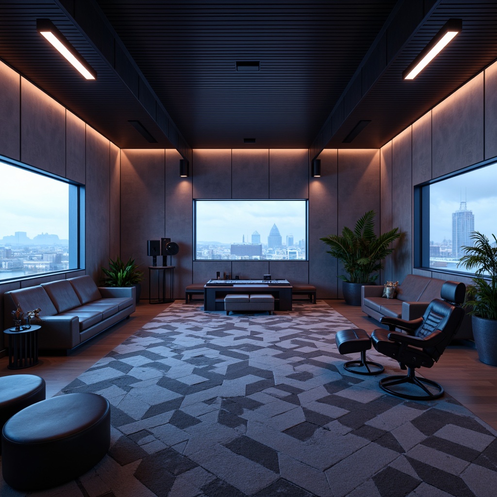 Prompt: Sleek game room, minimalist decor, modern furniture layout, streamlined console tables, low-profile sofas, geometric-patterned rugs, metallic accent walls, ambient neon lighting, futuristic gaming chairs, high-tech sound systems, floor-to-ceiling windows, cityscape views, 3/4 composition, shallow depth of field, realistic textures, cinematic color grading.