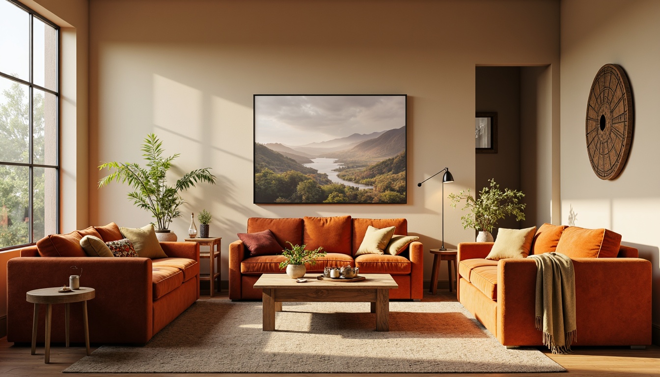 Prompt: Cozy living room, plush sofas, velvety armchairs, wooden coffee tables, rustic side tables, soft cushions, vibrant throw pillows, natural fiber rugs, warm beige walls, large windows, sheer curtains, modern minimalist decor, ambient lighting, 1/1 composition, realistic textures, subtle shadows.