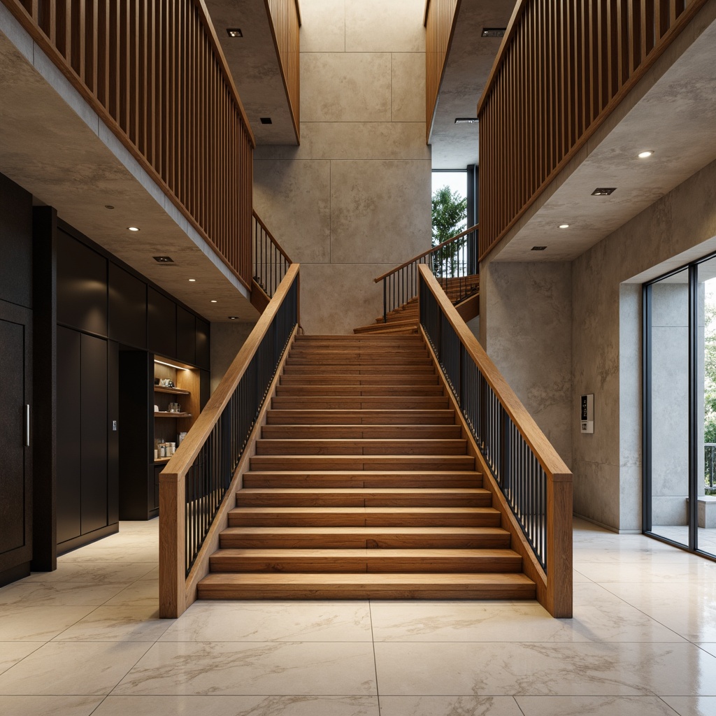 Prompt: Luxurious staircase, sleek metal railings, rich wood tones, polished marble floors, modern minimalist walls, textured concrete finishes, industrial chic aesthetics, soft warm lighting, subtle shadows, 3/4 composition, atmospheric perspective, realistic reflections, ambient occlusion.