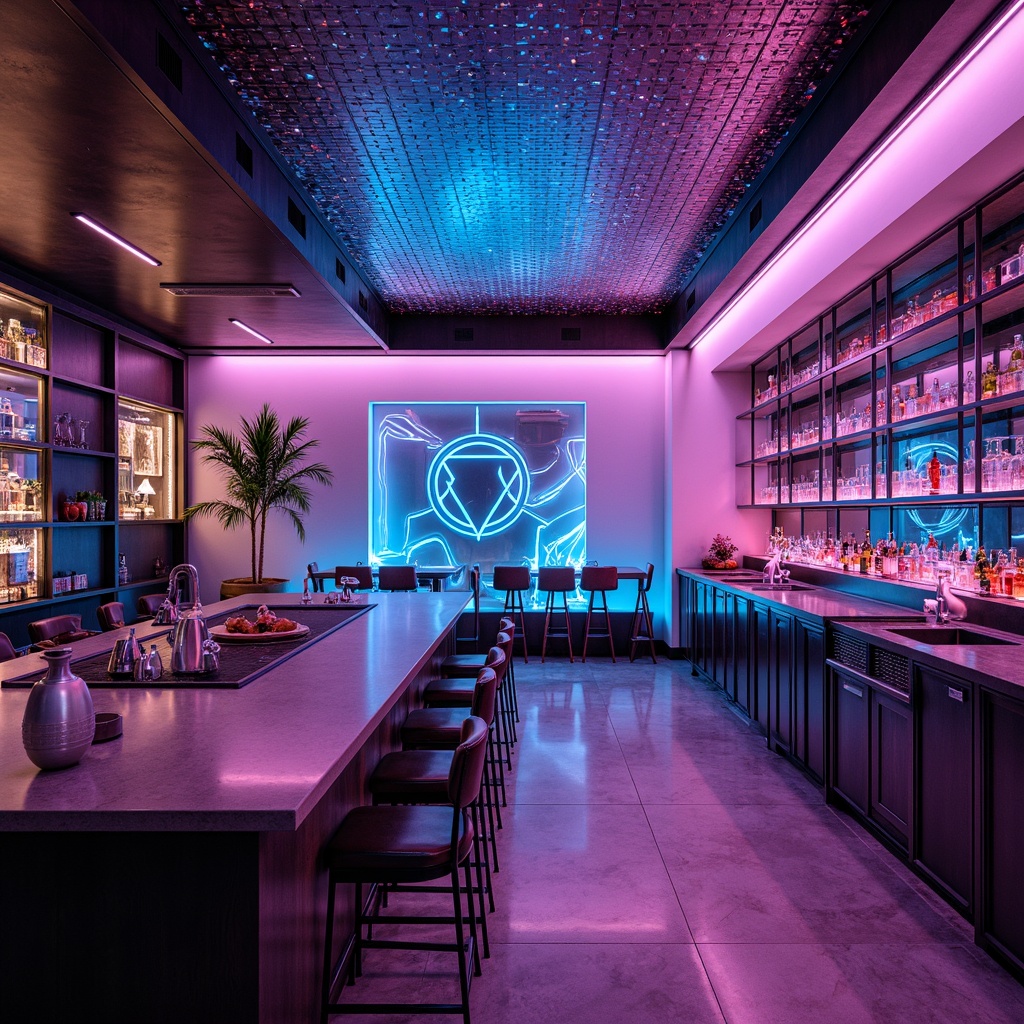 Prompt: Futuristic home bar, neon-lit ambiance, sleek metal countertops, holographic tile patterns, iridescent glass surfaces, LED lighting strips, minimalist decor, abstract geometric shapes, 3D-printed accessories, ambient occlusion, shallow depth of field, 1/1 composition, panoramic view, realistic reflections, cyberpunk-inspired colors, metallic textures, luxurious ambiance, intimate seating areas, futuristic cocktail glasses, robotic bartender assistants, interactive drink-mixing interfaces.