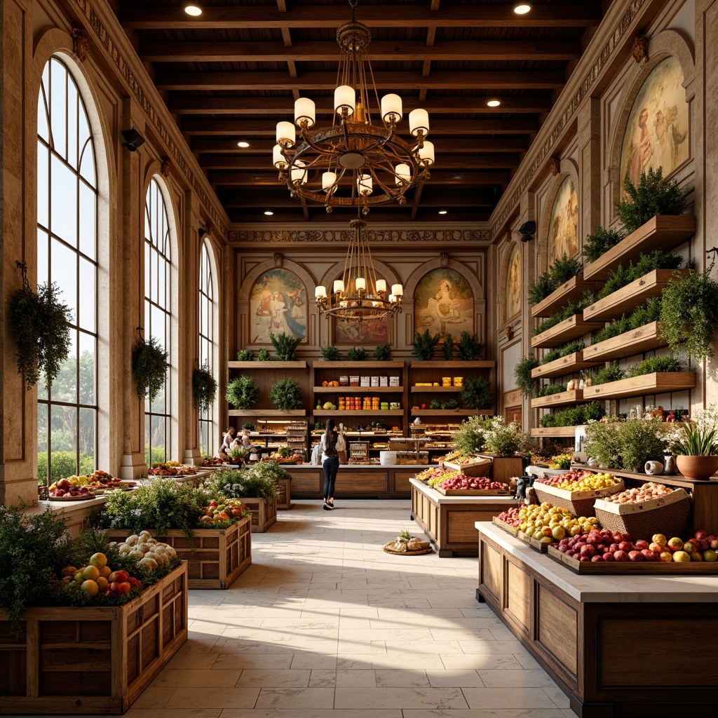 Prompt: Renaissance-style grocery store interior, ornate wooden shelves, rustic stone walls, arched windows, decorative frescoes, elegant wall treatments, intricate moldings, luxurious chandeliers, warm golden lighting, vintage-inspired signage, distressed wooden crates, overflowing flower arrangements, fresh produce displays, artisanal food stations, creamy marble countertops, rich velvet drapes, soft natural fabrics, ambient warm glow, shallow depth of field, 1/1 composition, realistic textures, subtle camera movements.