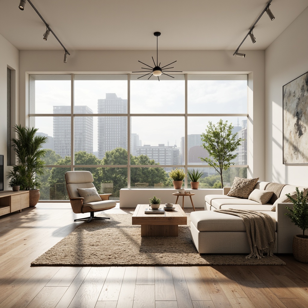 Prompt: Minimalist living room, light-filled open spaces, Nordic wooden floors, creamy white walls, natural textiles, cozy throw blankets, modern Scandinavian furniture, geometric patterns, industrial-chic lighting fixtures, floor-to-ceiling windows, lush greenery, urban city views, soft diffused lighting, shallow depth of field, 1/1 composition, realistic wood grain textures, ambient occlusion.