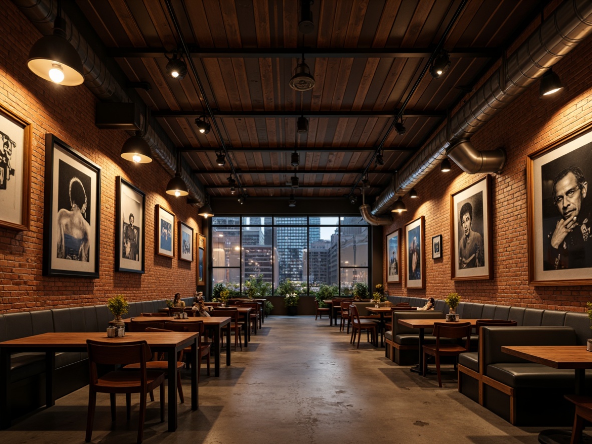 Prompt: Vintage music venue, industrial metal beams, exposed brick walls, reclaimed wood accents, dimmable LED lights, metal shade fixtures, Edison bulb pendants, concrete floors, urban cityscape views, night-time ambiance, warm color temperature, high-contrast lighting, dramatic shadows, 1/1 composition, realistic textures, ambient occlusion.