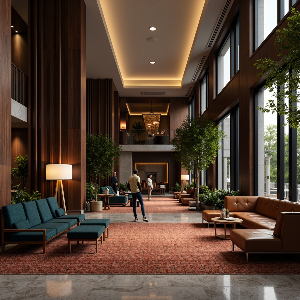 Prompt: Luxurious hotel lobby, sleek modern furniture, velvety soft carpets, rich jewel-toned upholstery, metallic accents, geometric patterned rugs, ambient warm lighting, floor-to-ceiling windows, minimalist decor, monochromatic color scheme, premium leather sofas, chrome legs, marble floors, lush greenery, natural wood accents, sophisticated ambiance, 1/1 composition, shallow depth of field, soft focus effect.