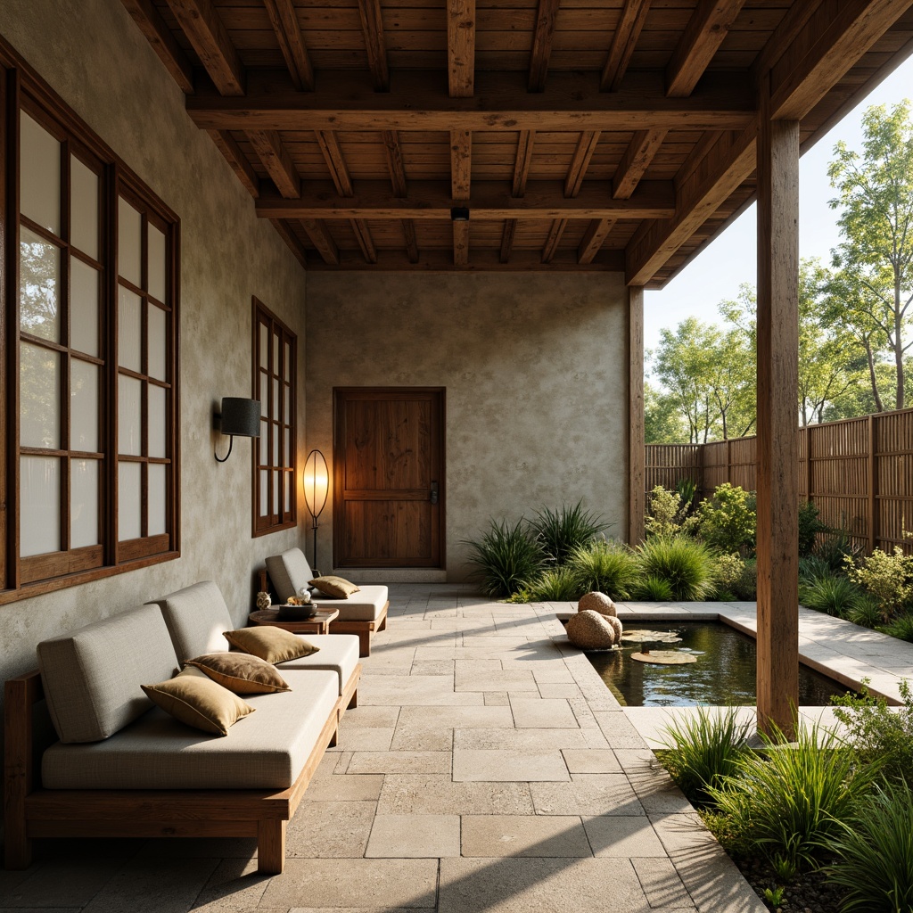 Prompt: Rustic farmhouse, Asian-inspired accents, natural textured walls, earthy tone colors, wooden beams, traditional Japanese sliding doors, paper lanterns, minimalist decor, lush greenery, serene outdoor spaces, stone pathways, water feature, bamboo fences, warm soft lighting, shallow depth of field, 1/1 composition, realistic textures, ambient occlusion.