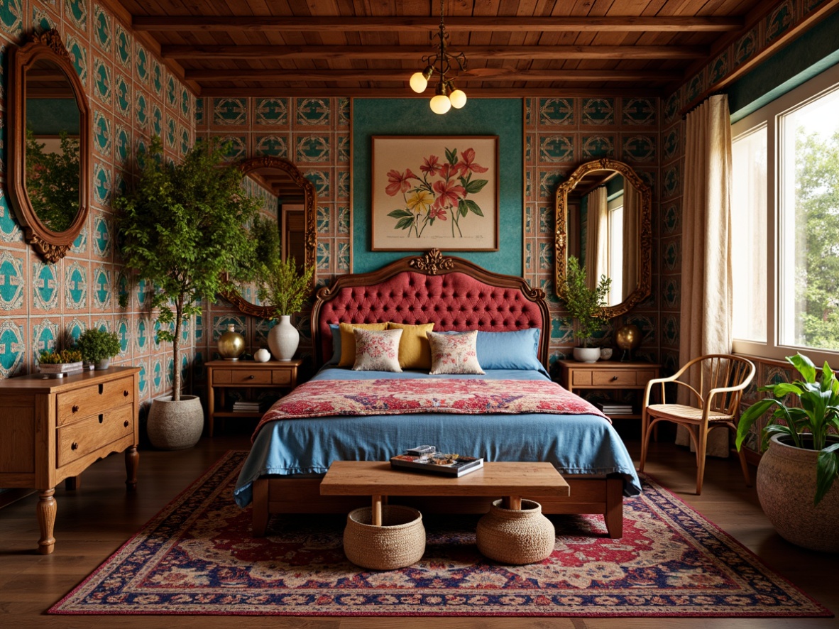 Prompt: Vibrant eclectic bedroom, plush velvet bedframe, ornate wooden headboard, rich tapestry upholstery, colorful Moroccan-inspired tiles, distressed denim wall hangings, soft silk throw pillows, vintage embroidered quilts, antique wooden furniture, intricately carved mirrors, warm golden lighting, layered window treatments, lush greenery, natural woven baskets, abstract artwork, mixed metallic accents, eclectic pattern mixing, bohemian chic atmosphere, relaxed cozy ambiance, shallow depth of field, 1/1 composition, soft focus blur.