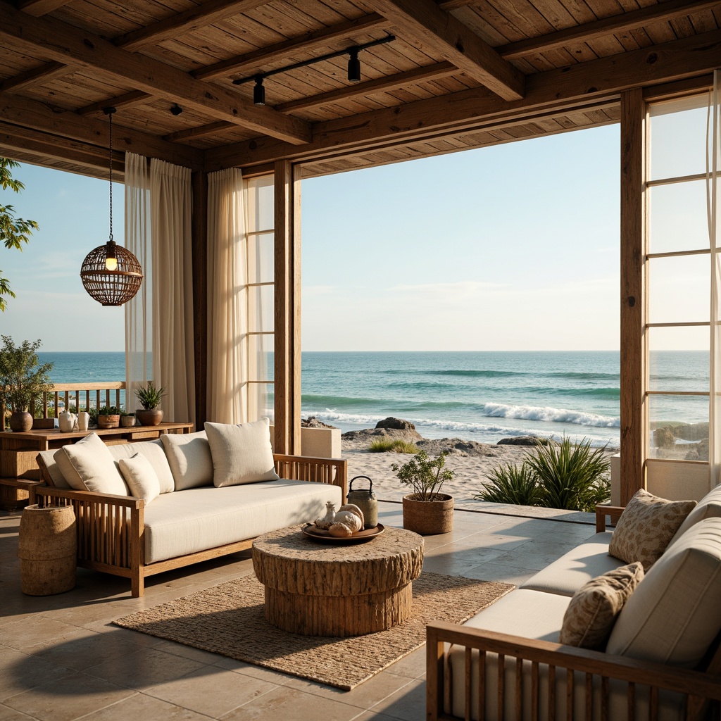 Prompt: Warm beachside ambiance, soft ocean breeze, gentle waves crashing, driftwood accents, nautical ropes, weathered wooden planks, sea-salt air, calming turquoise hues, creamy whites, sandy neutrals, warm golden lighting, lantern-style fixtures, pendant lamps, glass jar chandeliers, natural textiles, woven rattan furniture, ocean-inspired patterns, shell-adorned decor, floor-to-ceiling windows, sliding glass doors, panoramic coastal views, warm sunny days, soft ambient glow, shallow depth of field, 3/4 composition.