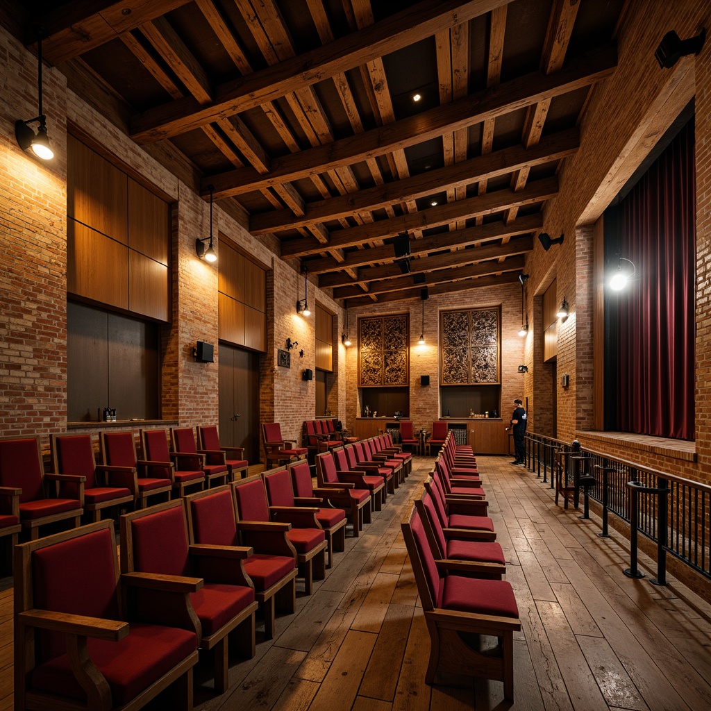 Prompt: Rustic performing arts center, wooden beams, exposed brick walls, vintage lighting fixtures, distressed wood flooring, plush velvet seats, wooden benches, ornate metal railings, raised stage, wooden acoustic panels, intimate setting, warm golden lighting, shallow depth of field, 2/3 composition, realistic textures, ambient occlusion.