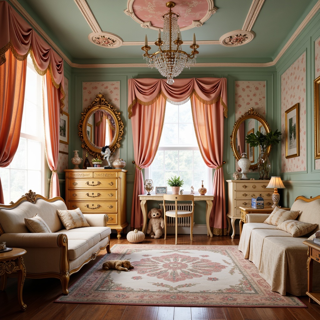 Prompt: Whimsical kids' room, ornate Rococo style furniture, curved golden frames, delicate lace curtains, soft pastel colors, plush velvet fabrics, intricate carvings, gilded mirrors, crystal chandeliers, playful toy collections, vibrant colorful wallpaper, luxurious silk drapes, antique wooden cabinets, delicate porcelain vases, elegant candelabras, warm cozy lighting, shallow depth of field, 1/1 composition, realistic textures, ambient occlusion.