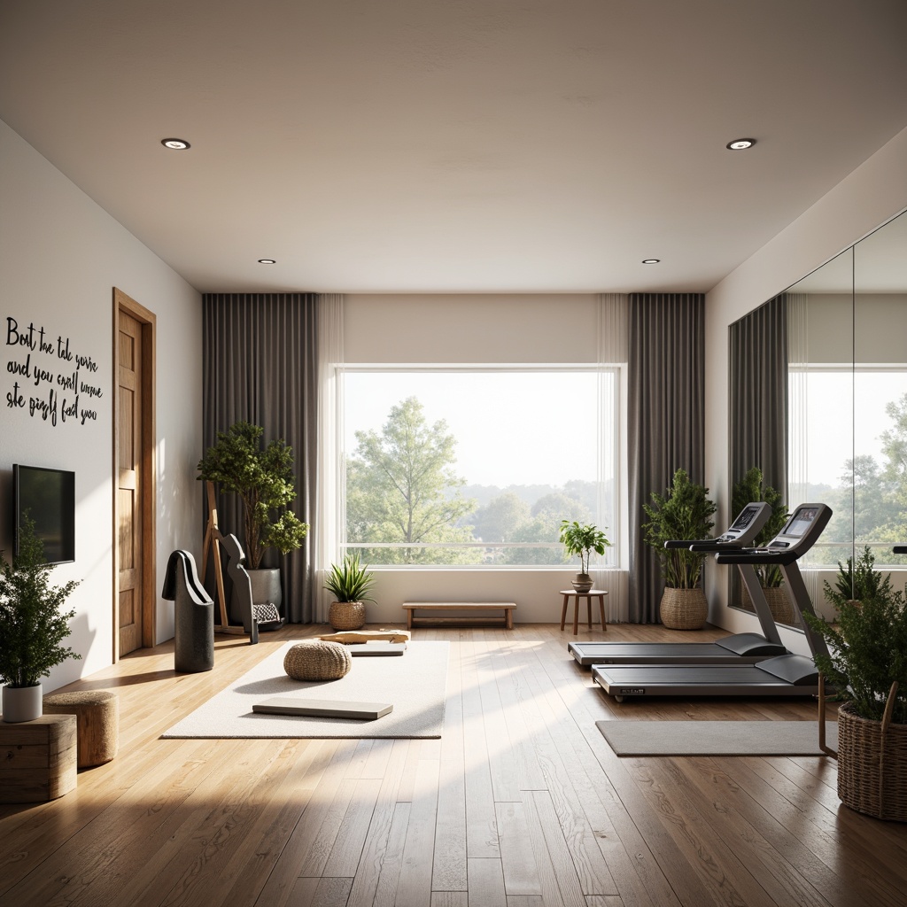 Prompt: Light-filled Scandinavian home gym, wooden flooring, minimalist decor, mirrored walls, large windows, natural light, modern fitness equipment, sleek exercise machines, free weights, yoga mats, floor-to-ceiling curtains, calm color palette, Nordic-inspired furniture, functional storage solutions, motivational quotes, green plants, soft warm lighting, shallow depth of field, 3/4 composition, panoramic view, realistic textures, ambient occlusion.