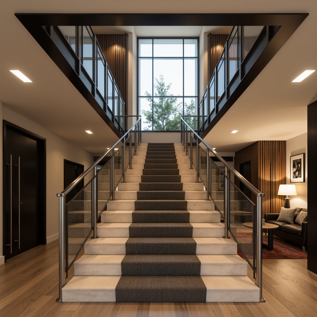 Prompt: Sleek modern staircase, elegant balustrades, minimalist railings, stainless steel handrails, glass panels, wooden treads, carpeted steps, ambient lighting, subtle shadows, 3/4 composition, shallow depth of field, realistic textures, soft warm glow, airy open spaces, luxurious interior design, sophisticated architectural details, functional art piece.