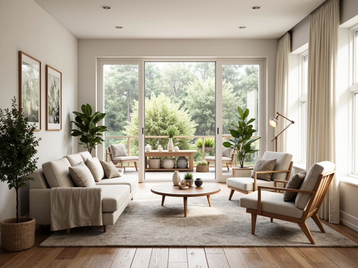 Prompt: Light-filled Scandinavian living room, minimalistic decor, natural wood accents, creamy white walls, floor-to-ceiling windows, sliding glass doors, cozy throw blankets, plush area rugs, modern functional furniture, greenery plants, Nordic-inspired lighting fixtures, rustic wooden floors, organic textures, airy atmosphere, soft diffused light, 1/2 composition, realistic reflections, subtle ambient occlusion.